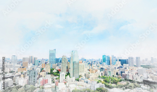 Asia businessand culture concept - panoramic modern cityscape building bird eye aerial view under dramatic sunny and morning blue cloudy sky in Tokyo  Japan. Mix hand drawn sketch illustration