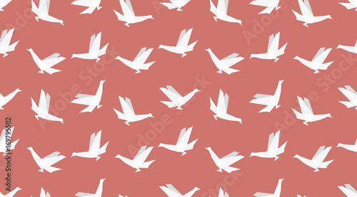 Origami bird seamless patternon red background. Japanese vector ornament. Endless texture can be used for wallpaper, web page background, surface, textile print.. © woters