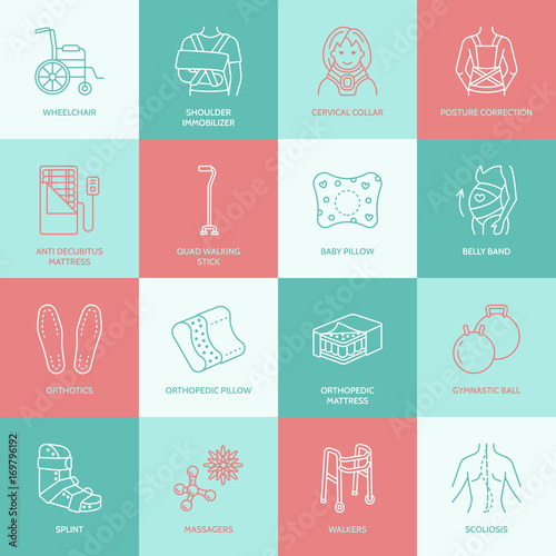 Orthopedic, trauma rehabilitation line icons. Crutches, orthopedics mattress pillow, cervical collar, walkers and other medical rehab goods. Health care thin linear signs for clinic and hospital.