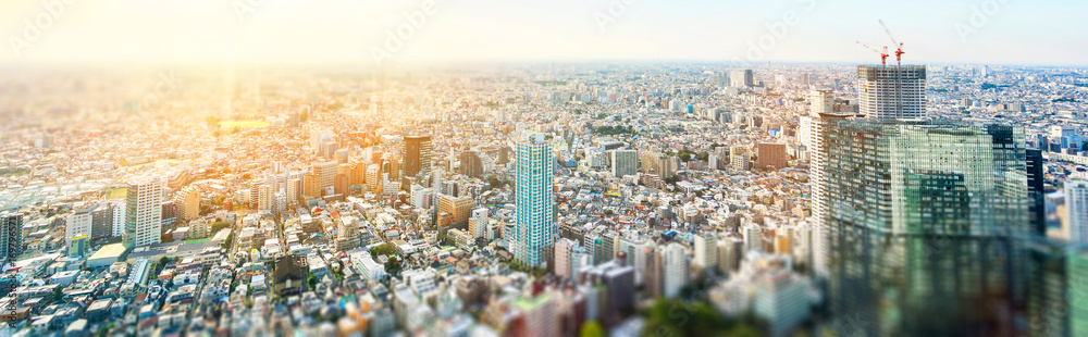 Business and culture concept - panoramic modern city skyline bird eye aerial view under dramatic sun and morning blue cloudy sky in Tokyo, Japan. Miniature Tilt-shift effect