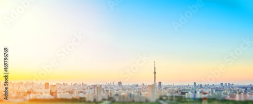 Business and culture concept - panoramic modern city skyline bird eye aerial view with tokyo skytree under dramatic sunset glow and beautiful cloudy sky in Tokyo, Japan. Miniature Tilt-shift effect