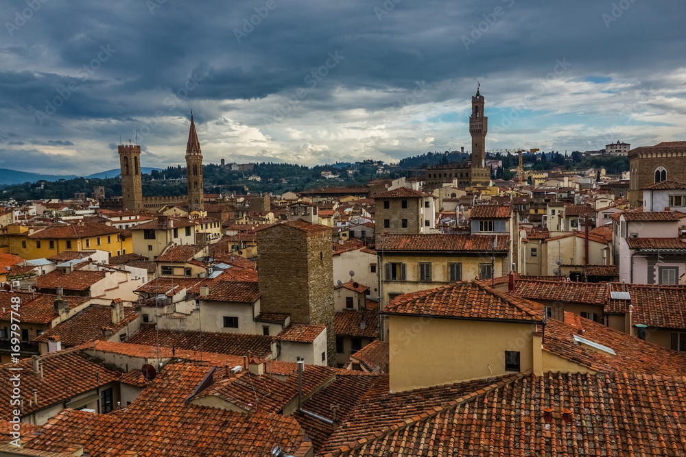 Palazzo Vecchio, Palazzo del Bargello, Badia Fiorentina and panorama city in Florence city, Tuscany, Italy