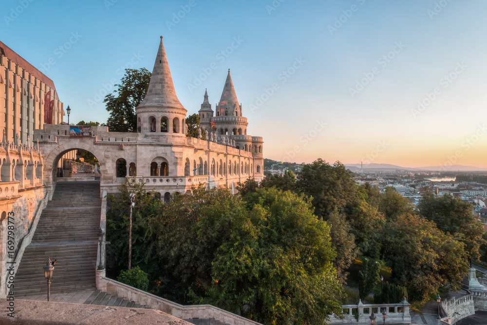 South Gate of Fisherman's Bastion in Budapest, Hungary at Sunrise