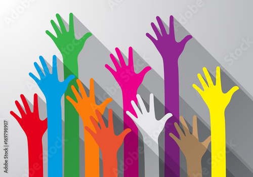 Warm colorful caring up hands hearts vector design element. Colors hand up. colorful hands with heart, vector. Charity and Relief Work. Hand long with long shadow.
