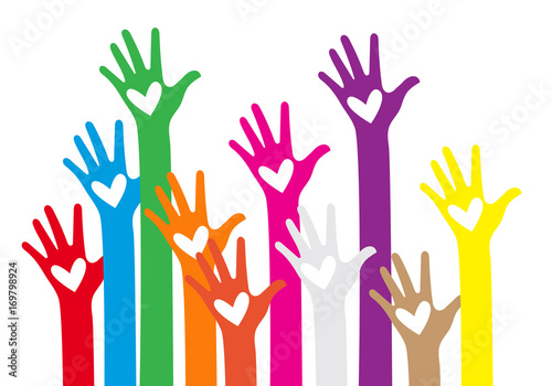 Warm colorful caring up hands hearts vector design element. Colors hand up. colorful hands with heart, vector. Charity and Relief Work. Hand long with long shadow.