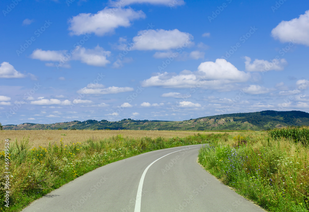 road and meadow with sky and clouds landscape