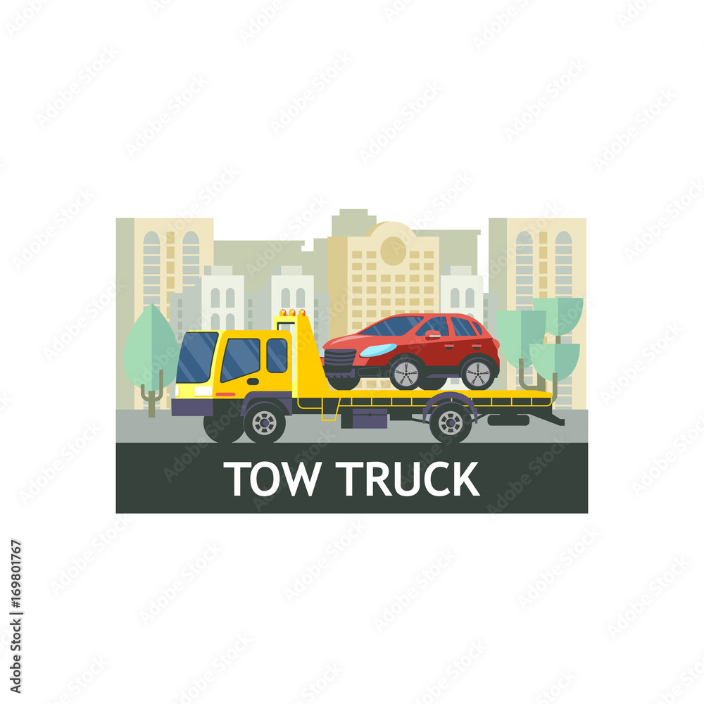 Tow truck for transportation faulty cars. The evacuation of the car. Vector illustration.