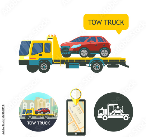 Evacuation vehicles. Tow truck for transportation faulty cars. Design logos, Icons. Phone GPS.