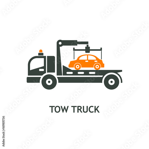 Evacuation vehicles. Tow truck for transportation faulty cars. Vector pictogram, icon.