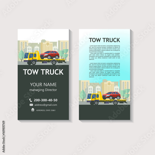 Tow truck for transportation faulty cars. Evacuation vehicles. Corporate identity design, business cards, flyers.