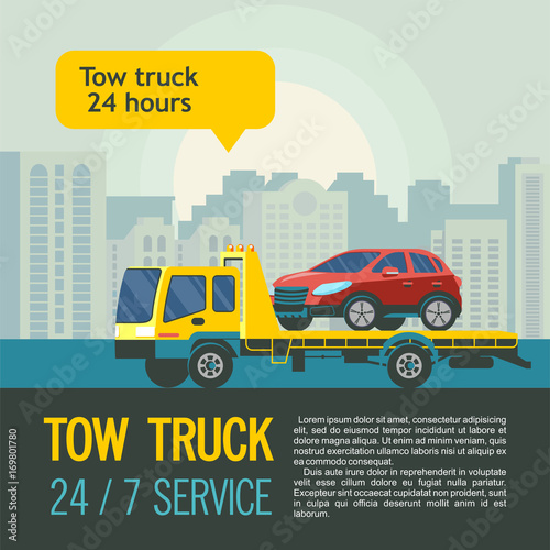 Tow truck for transportation faulty cars. Vector illustration with place for text. Evacuation of cars in the city 24 hours 7 days a week.