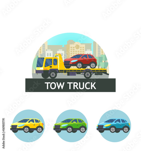 Tow truck for transportation faulty cars. Vector illustration, logo, icon. The evacuation of the car.