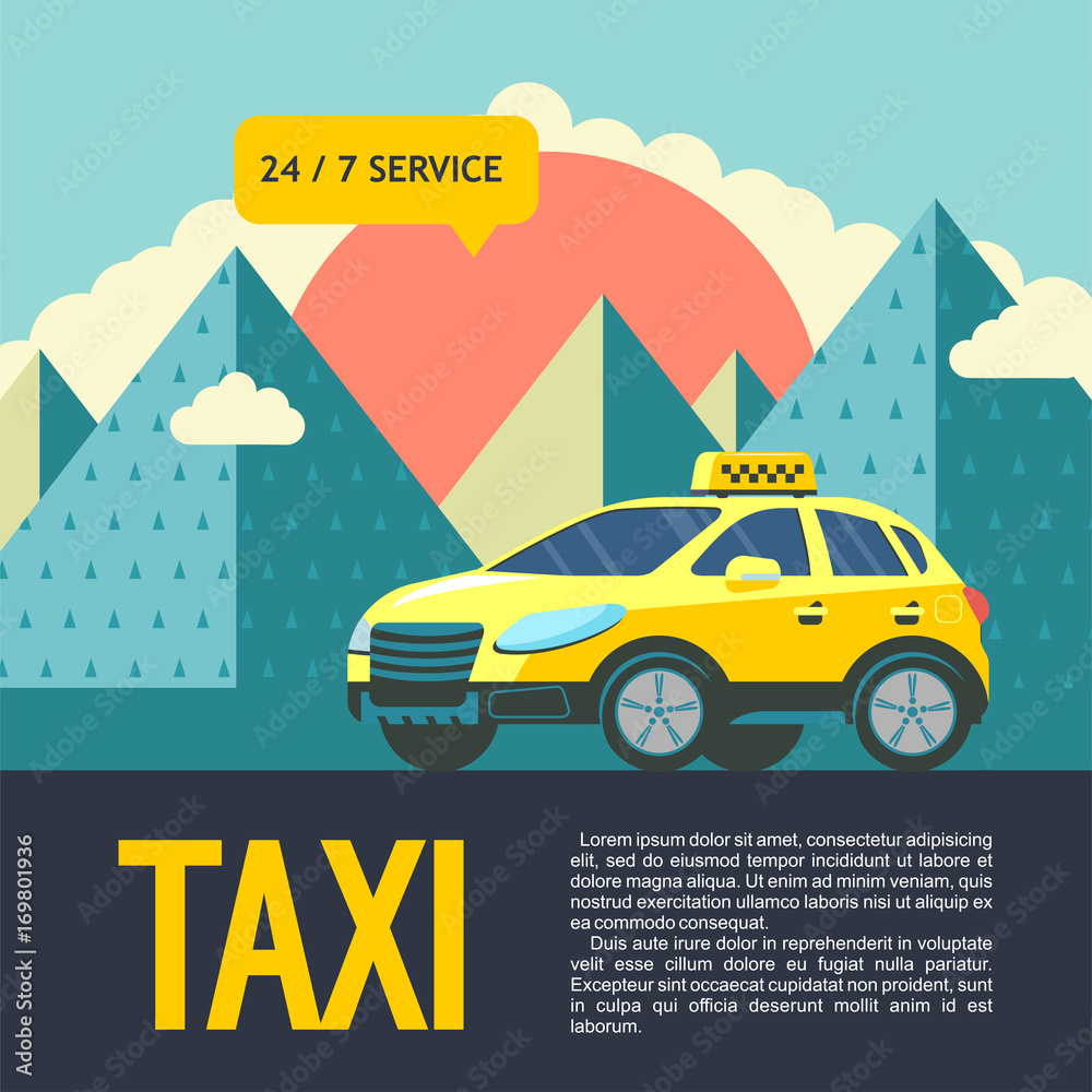 Yellow taxi car in the background of a mountain landscape. Taxi service around the clock 7 days a week. Yellow taxi car in the background of a mountain landscape. Taxi service around the clock 7 days a week.