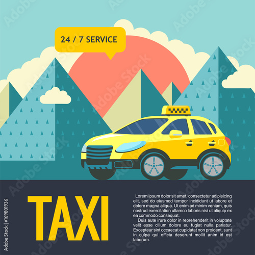 Yellow taxi car in the background of a mountain landscape. Taxi service around the clock 7 days a week.