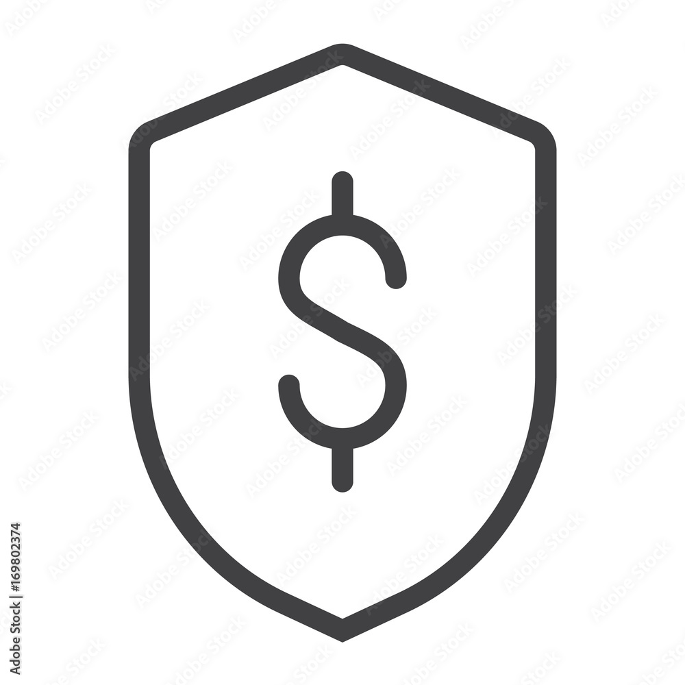 Financial security shield with dollar line icon, outline vector sign, linear style pictogram isolated on white. Symbol, logo illustration. Editable stroke. Pixel perfect graphics Financial security shield with dollar line icon, outline vector sign, linear style pictogram isolated on white. Symbol, logo illustration. Editable stroke. Pixel perfect graphics