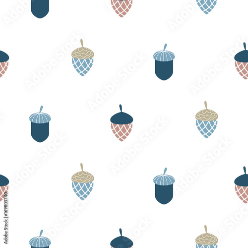 Blue scandi acorn simple seamless vector pattern. White, pale and blue leaves pattern background.