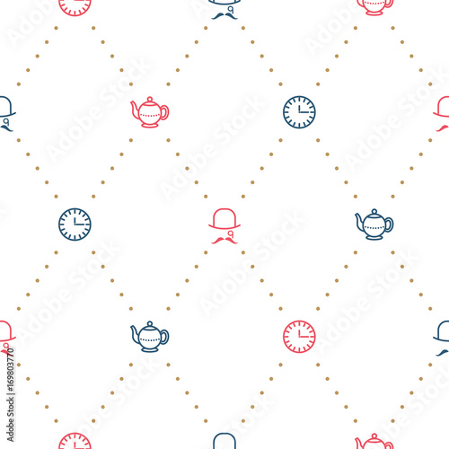 English tea party elegant red and blueon white line vector pattern. Dashed lines, teapot, clock and gentleman seamless background.