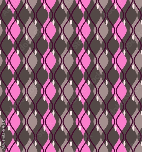 Curves, abstract, decorative background, seamless, dark gray, vector. Vertical pink and gray wide lines on a dark gray field. Line rhythmically constrict and dilate. Geometric, colored background. 