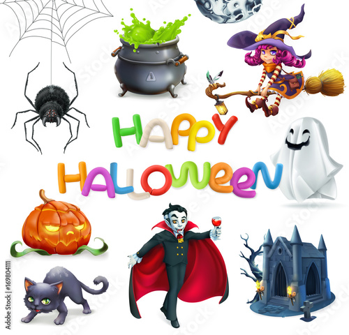 Happy Halloween. Pumpkin, spider, cat, witch, vampire, crypt and lettering, 3d vector icon set
