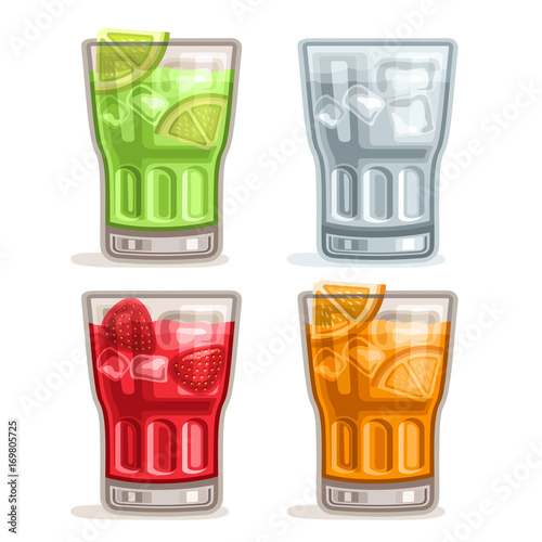 Vector set colorful Drinks: 4 glasses with green alcohol cocktail mojito, clear tonic water with ice cubes, red mocktail strawberry daiquiri, fresh orange juice with fruit slices on white for bar menu