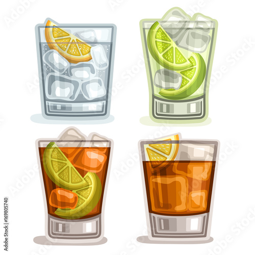 Vector set of short Drinks: 4 glasses with alcohol cocktail gin tonic, caipirinha or mojito drink, cuba libre, old fashioned or long island iced tea cocktails, whiskey with ice cubes, fizzy lemonade.