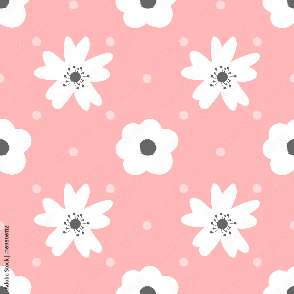 Cute flowers and polka dot. Seamless pattern for girls.