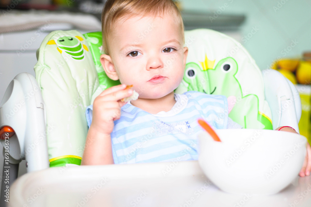 little kid chews a piece of muffin while sitting in his high chair
little kid chews a piece of muffin while sitting in his high chair