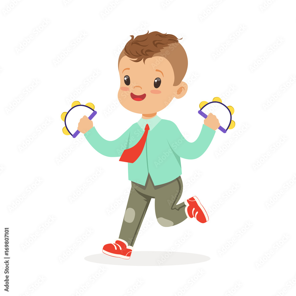 Cute little boy playing handbell tambourine, young musician with toy musical instrument, musical education for kids cartoon vector Illustration Cute little boy playing handbell tambourine, young musician with toy musical instrument, musical education for kids cartoon vector Illustration