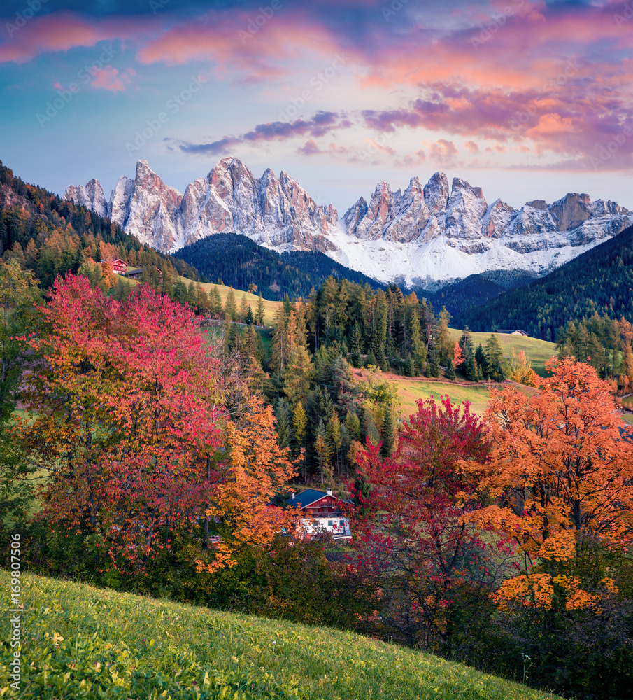 Beautiful view of Santa Maddalena village in front of the Geisler or Odle Dolomites Group.