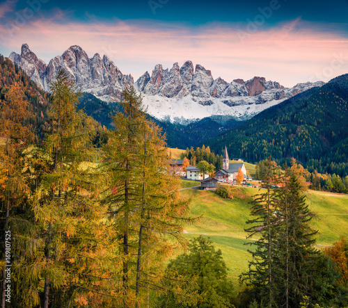 Magnificent view of Santa Maddalena village in front of the Geisler or Odle Dolomites Group.
