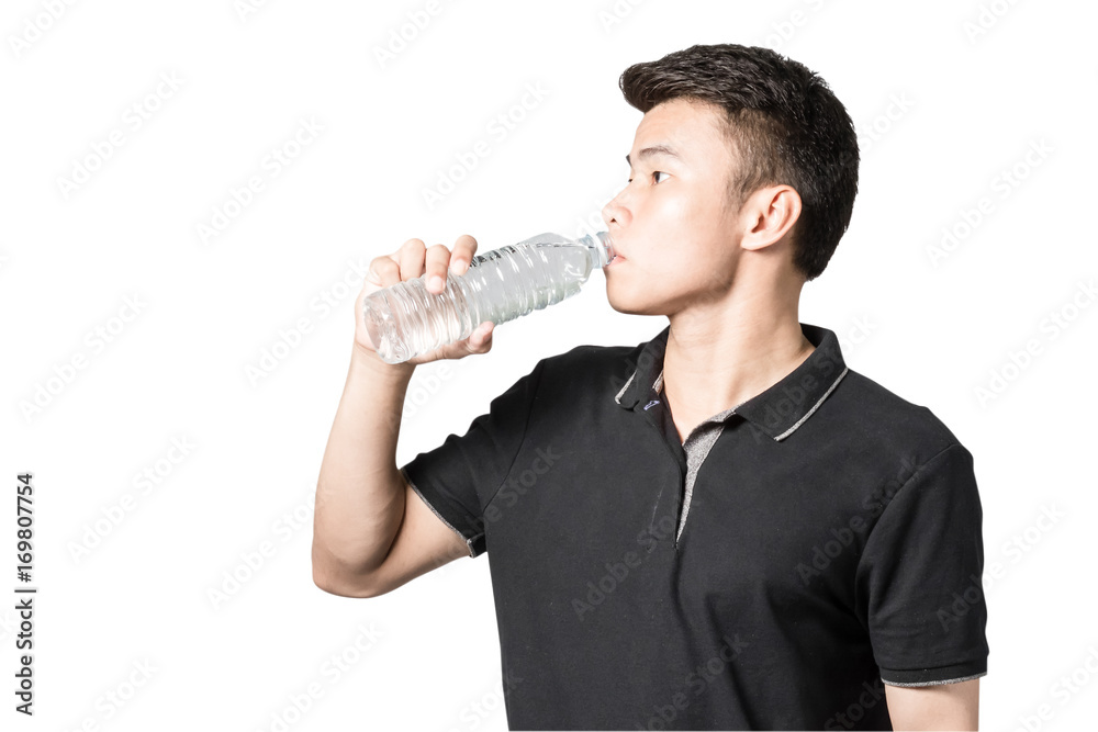 Portrait of an asian man drinking water. Isolated on white background with clipping path Portrait of an asian man drinking water. Isolated on white background with clipping path