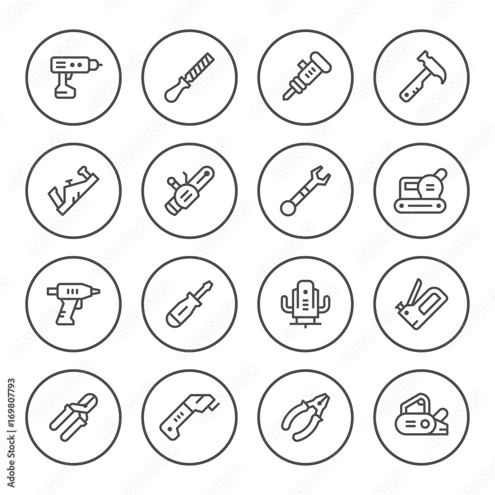 Fototapeta premium Set round line icons of electric and hand tool