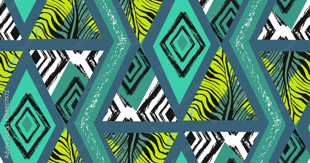 Hand drawn vector abstract freehand textured seamless tropical pattern collage with zebra motif,organic textures,triangles isolated on green background.