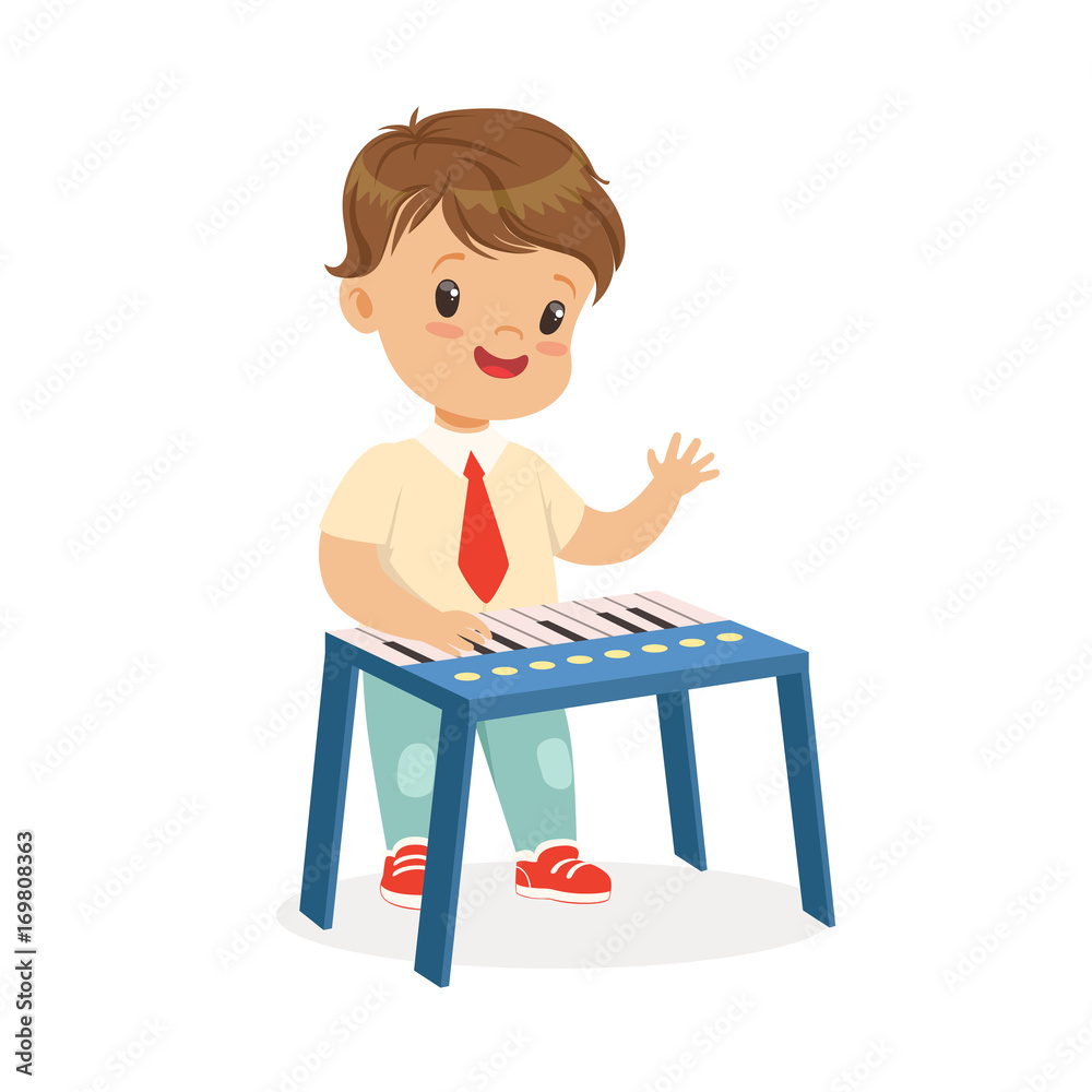 Cute little boy playing synthesizer, young musician with toy musical instrument, musical education for kids cartoon vector Illustration Cute little boy playing synthesizer, young musician with toy musical instrument, musical education for kids cartoon vector Illustration