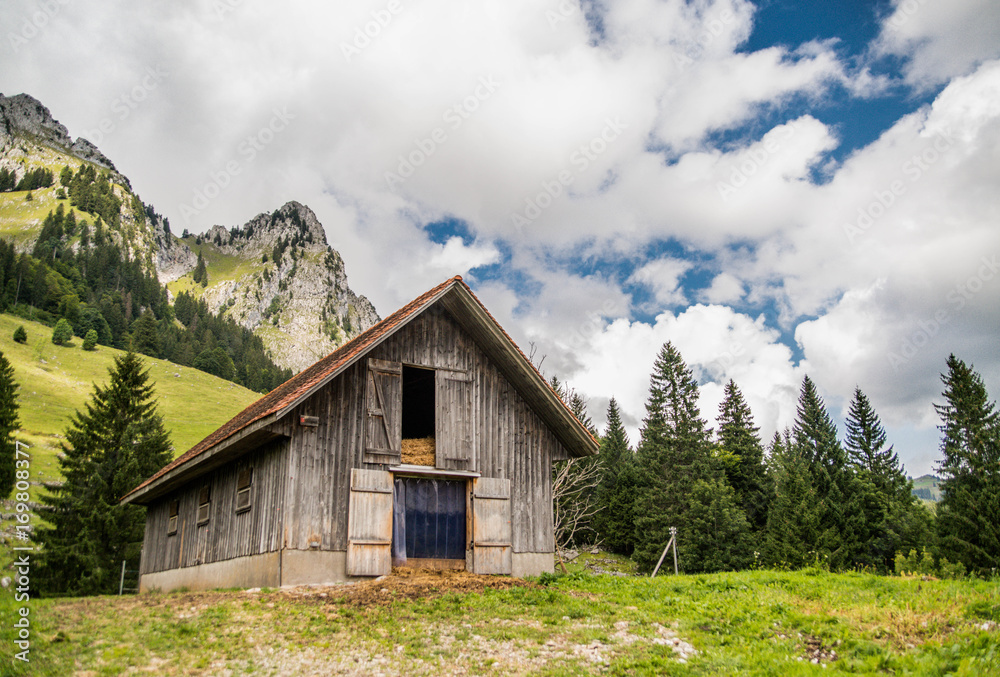 Wooden house or barn near the hiking trail in Switzerland, swiss Alps, forest, green grass.