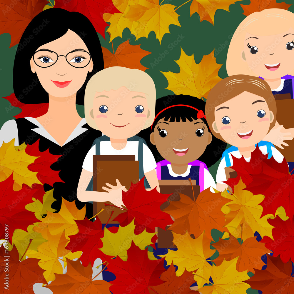Young female teacher and kid students in front of green chalk board. Autumn red, orange maple leaves. Vector illustration. Young female teacher and kid students in front of green chalk board. Autumn red, orange maple leaves. Vector illustration.