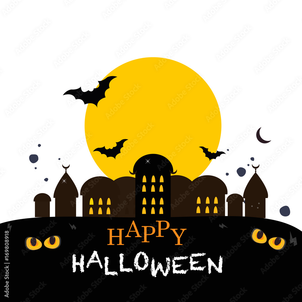 Happy Halloween greeting card. Glowing eyes in the dark, bat and home 