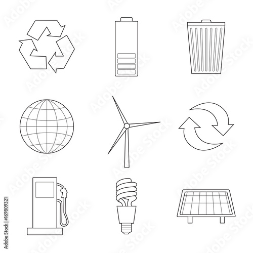 Set of simple ecology signs line art icons on white  background