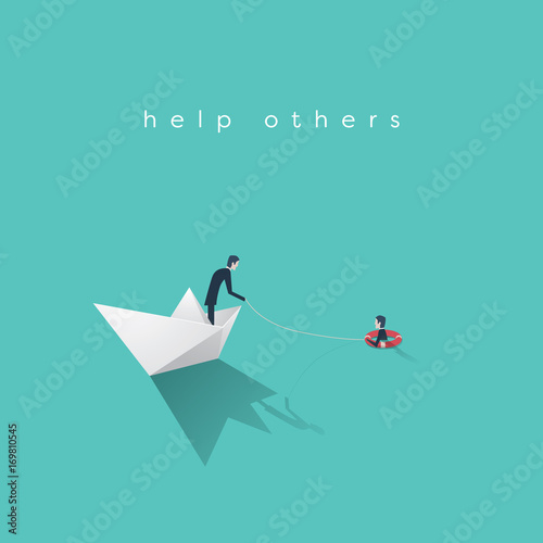 Business help vector concept. Bankruptcy, government bailout symbol with businessman on paper boat and drowning man in life preserver. photo