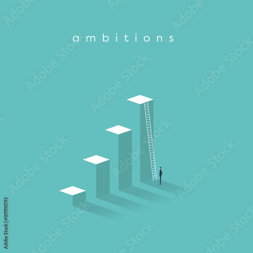 Business motivation, determination, success, career growth vector concept. Businessman standing in front of corporate ladder.
