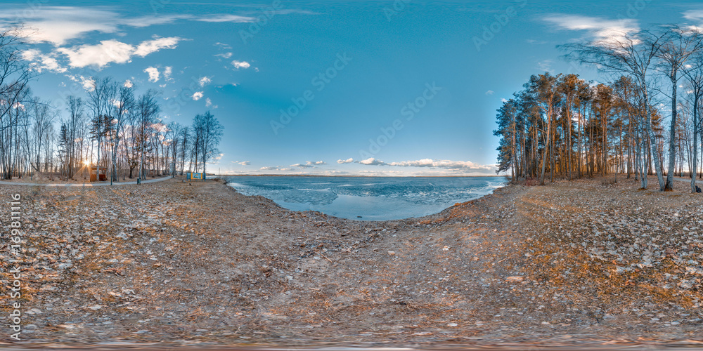 3D spherical panorama with 360 viewing angle. Ready for virtual reality or VR. Full equirectangular projection. Cold blue sunset on the lake.