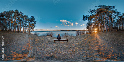 3D spherical panorama with 360 viewing angle. Ready for virtual reality or VR. Full equirectangular projection. Dark blue sunset on the lake.