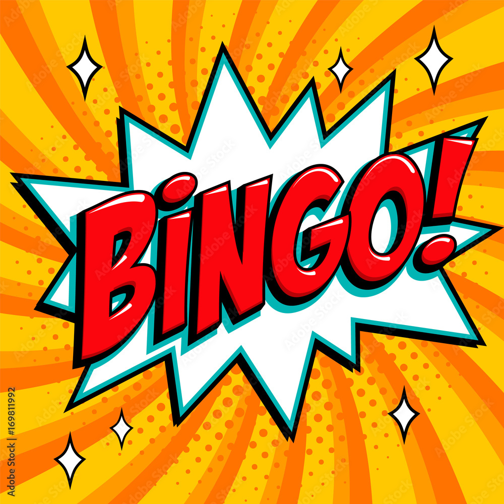 Fototapeta premium Bingo lottery poster. Lottery game background. Comics pop-art style bang shape on a red twisted background.