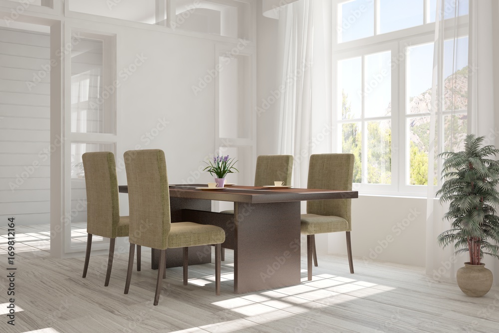 Fototapeta premium Biała nowoczesna jadalnia. Skandynawski wystrój wnętrz. Ilustracja 3D