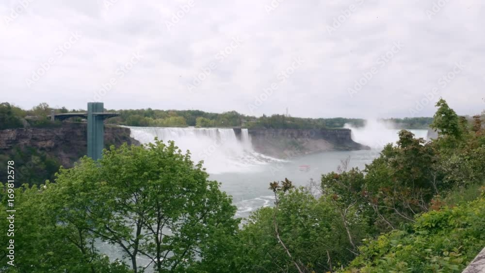 American Falls and Horseshoe Falls filmed from the Canadian side of the Niagara River. Long shot.