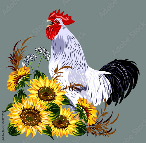 cock in a thicket of flowers