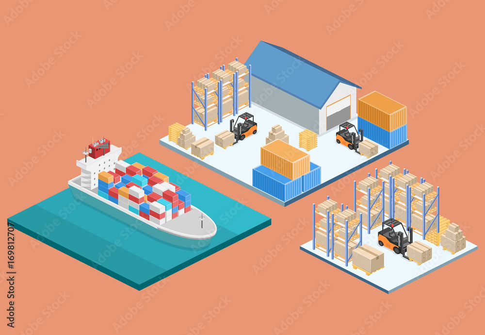 isometric interior of warehouse. The boxes are on the shelves.