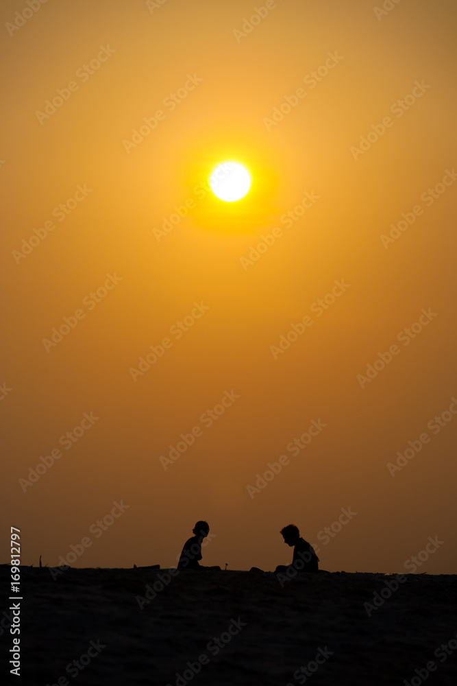 Two People Silhouette Beach Orange Sunset Sun Sky
