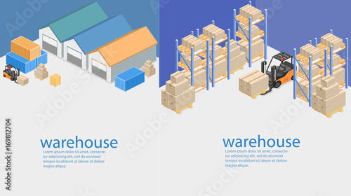 isometric interior of warehouse. The boxes are on the shelves. Flat 3d illustration.
