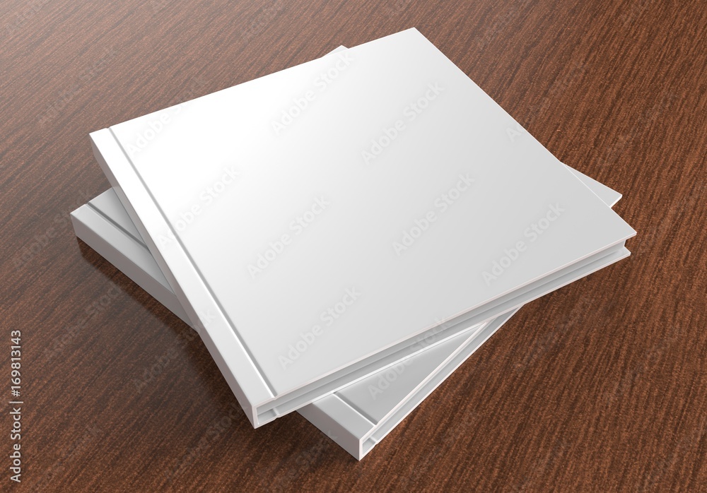 Square blank white catalog, magazines,book mock up on wood background for template design. 3d render illustration.
